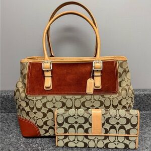 Vintage Coach 6367 Zoe Hampton Leather/Suede/Canvas Satchel Shoulder Bag +Wallet